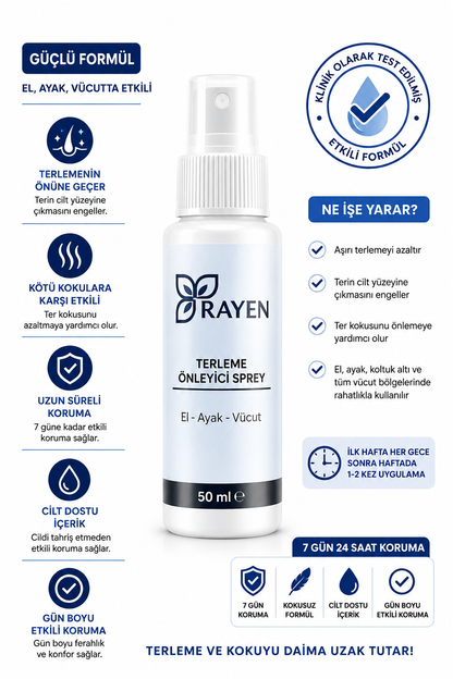 Rayen Terleme Önleyici Sprey 50 ml El Ayak Koltuk Altı Ter Kokusuna Karşı Etkili Antiperspirant Vücut Spreyi