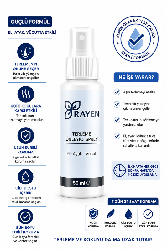 Rayen Terleme Önleyici Sprey 50 ml El Ayak Koltuk Altı Ter Kokusuna Karşı Etkili Antiperspirant Vücut Spreyi