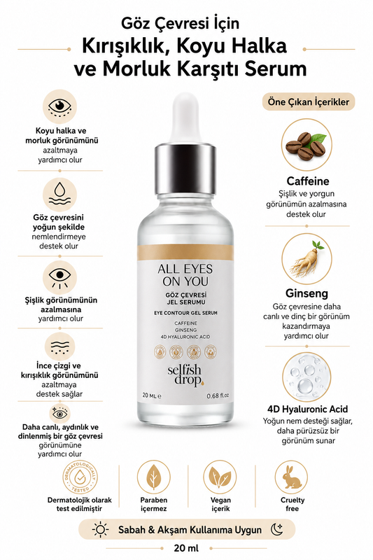 Selfish Drop Göz Çevresi Serumu 20 ml Kafein ve Hyaluronik Asit İçeren Koyu Halka, Morluk, Şişlik ve Kırışıklık Karşıtı Jel Serum