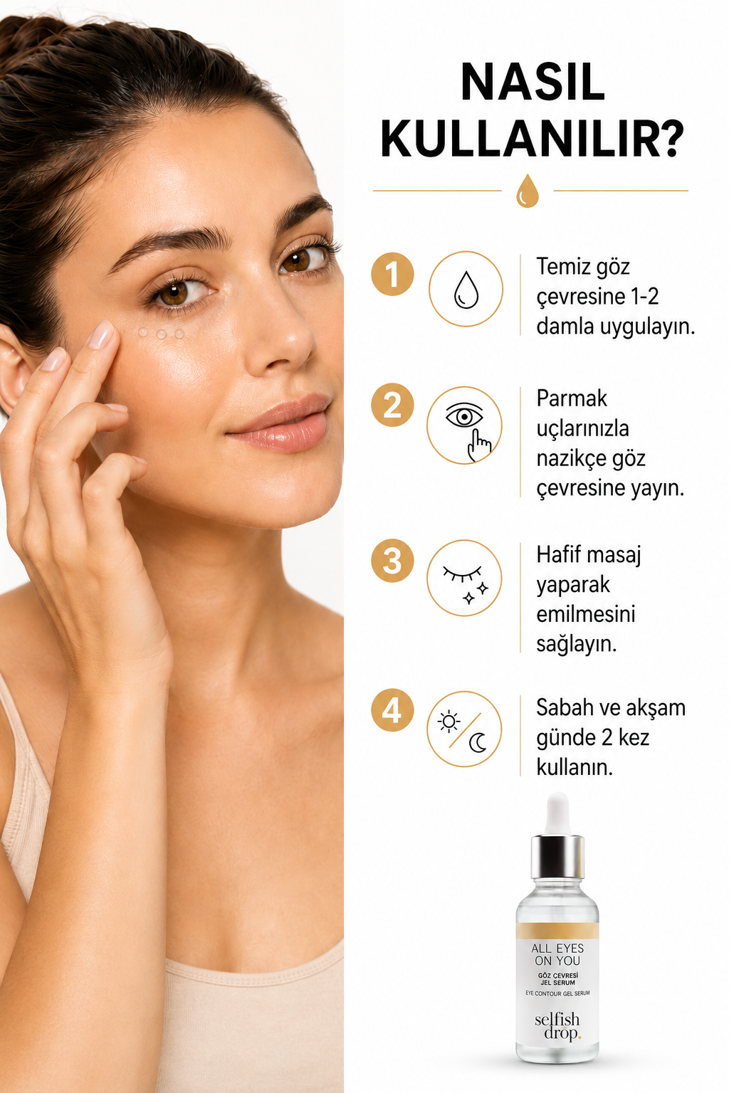 Selfish Drop Göz Çevresi Serumu 20 ml Kafein ve Hyaluronik Asit İçeren Koyu Halka, Morluk, Şişlik ve Kırışıklık Karşıtı Jel Serum