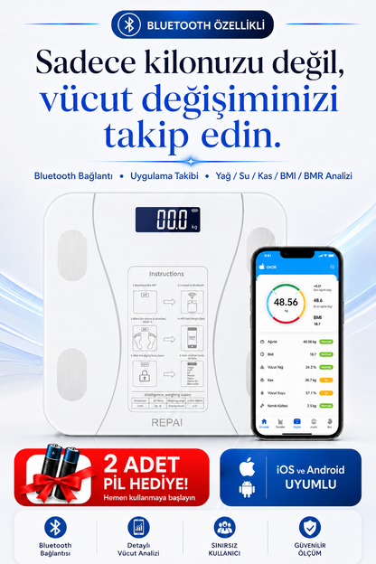 ProScale Bluetooth Akıllı Baskül Vücut Analizli Yağ Su Kas BMI BMR Ölçer Dijital Tartı