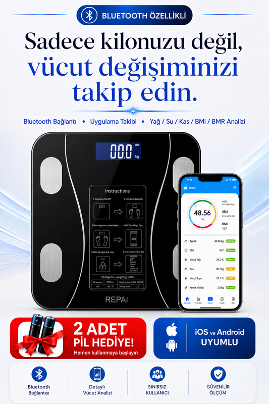 ProScale Bluetooth Akıllı Baskül Vücut Analizli Yağ Su Kas BMI BMR Ölçer Dijital Tartı