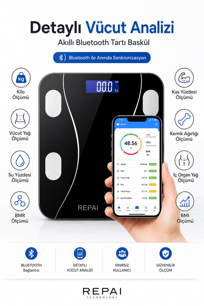 ProScale Bluetooth Akıllı Baskül Vücut Analizli Yağ Su Kas BMI BMR Ölçer Dijital Tartı